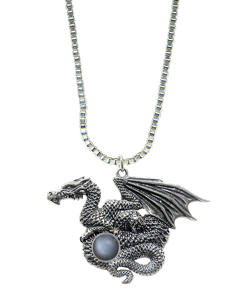 Sterling Silver Dragon of Many Treasures Pendant With Grey Moonstone